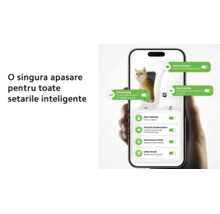 Interfața aplicației pentru smartphone afișează setările inteligente pentru o litieră automată, cum ar fi curățarea și dezodorizarea.