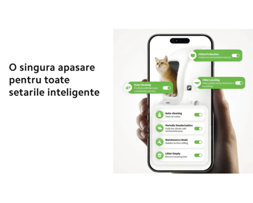 Interfața aplicației pentru smartphone afișează setările inteligente pentru o litieră automată, cum ar fi curățarea și dezodorizarea.