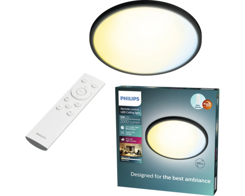 Plafonieră LED Philips cu telecomandă, 16 Watt, 2000 lumeni, intensitate reglabilă, design extra plat.