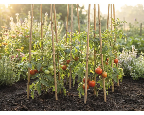 Plante de tomate cu fructe în curs de coacere, susținute de tije de bambus într-o grădină de legume însorită, cu pământ închis la culoare.