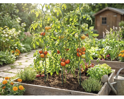 Plante de tomate într-un strat înălțat din lemn, susținute de tije spiralate din metal, înconjurate de plante aromatice într-o grădină luminoasă.