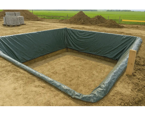 O groapă pătrată de construcție căptușită cu o folie PE verde închis pe un șantier cu grămezi de pământ în fundal.