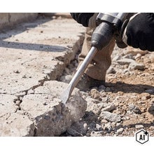 Un muncitor în construcții folosește un ciocan demolator electric pentru a sparge o podea de beton. (Image AI modified or generated)