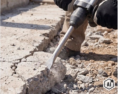 Un muncitor în construcții folosește un ciocan demolator electric pentru a sparge o podea de beton. (Image AI modified or generated)