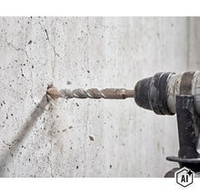 O bormasina cu percutie da o gaura intr-un perete de beton cu particule de beton sarind. (Image AI modified or generated)