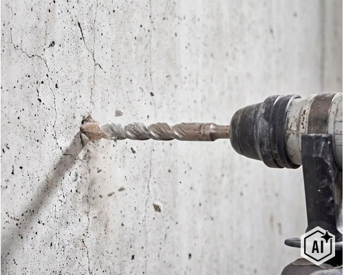 O bormasina cu percutie da o gaura intr-un perete de beton cu particule de beton sarind. (Image AI modified or generated)