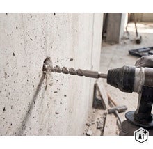 Un burghiu pentru beton găurește un perete masiv din beton pe un șantier (Image AI modified or generated)