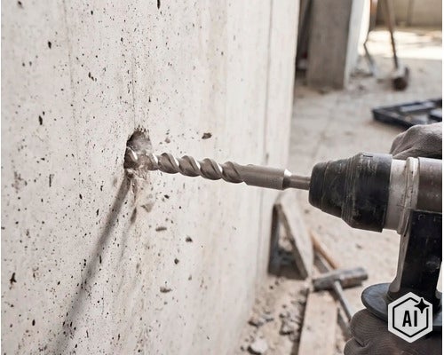 Un burghiu pentru beton găurește un perete masiv din beton pe un șantier (Image AI modified or generated)