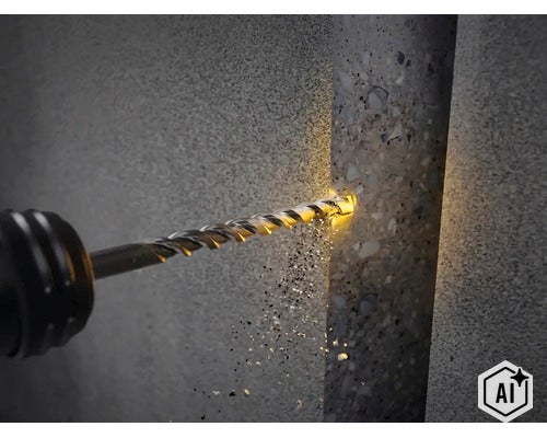 Burghiu pentru piatra care foreaza o gaura in peretele de beton cu praf de gaurire (Image AI modified or generated)