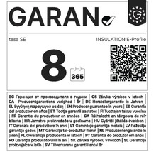 Garanție de opt ani de la producător pentru profilul de etanșare tesa E-Profil, inclusiv cod QR și pictogramă calendar.