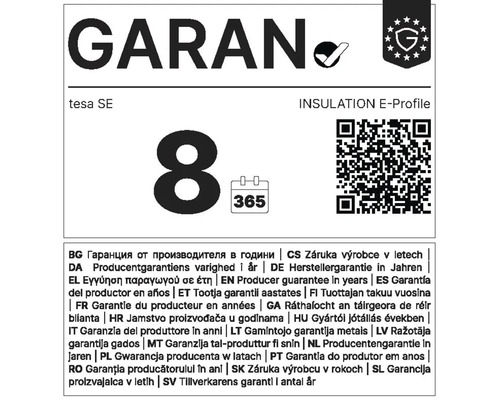 Garanție de opt ani de la producător pentru profilul de etanșare tesa E-Profil, inclusiv cod QR și pictogramă calendar.