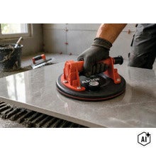 Meșter care montează o placă ceramică folosind o ventuză Akkit cu manometru pentru manipularea în siguranță a suprafețelor netede pe șantier. (Image AI modified or generated)
