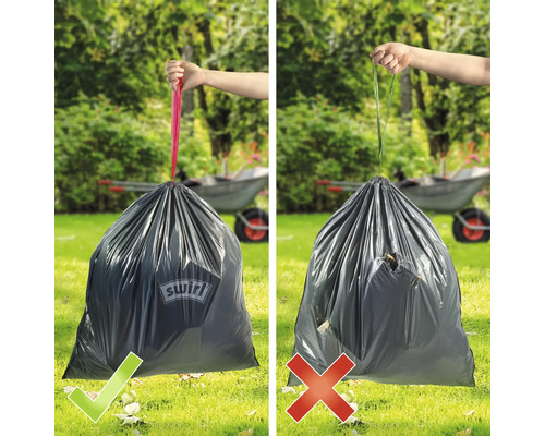 Compararea unui sac de gunoi Swirl robust cu șnur de strângere și a unui sac de gunoi de calitate inferioară cu mâner rupt în grădină.