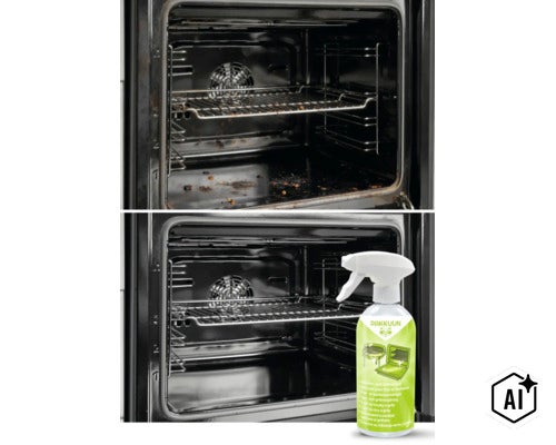Comparatie inainte si dupa curatarea cuptorului cu spray-ul pentru curatat cuptoare si gratare Rakkuun (Image AI modified or generated)