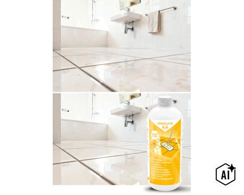 Soluție de curățare pentru plăci ceramice Rakkuun Smart Fluid într-un flacon în fața unei băi cu plăci lucioase. (Image AI modified or generated)