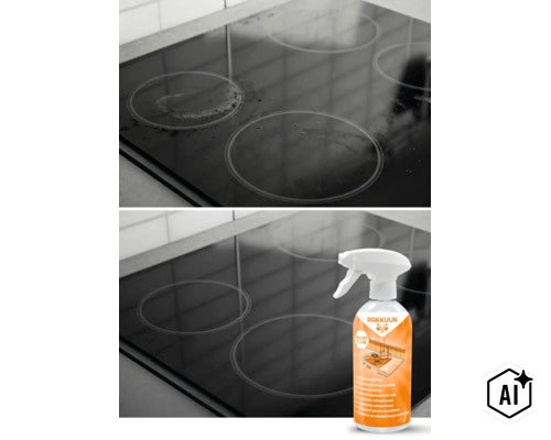 Comparație înainte și după a unei plite cu degresant de bucătărie Rakkuun în flacon cu pulverizator. (Image AI modified or generated)