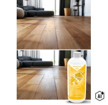 O sticlă de soluție pentru curățare laminat Rakkuun pe o podea de parchet într-un living amenajat modern. (Image AI modified or generated)