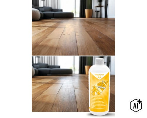 O sticlă de soluție pentru curățare laminat Rakkuun pe o podea de parchet într-un living amenajat modern. (Image AI modified or generated)