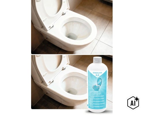 Comparație înainte și după curățarea toaletei cu soluția Rakkuun pentru îndepărtarea depunerilor de urină. (Image AI modified or generated)