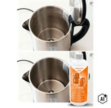 Fierbator de apa din otel inoxidabil inainte si dupa curatarea cu decalcifiant RAKKUUN pe baza de acid citric. (Image AI modified or generated)