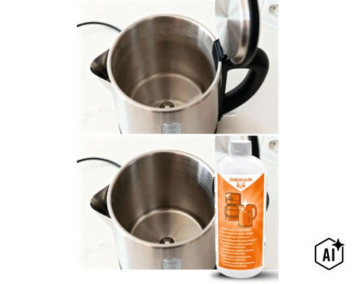 Fierbator de apa din otel inoxidabil inainte si dupa curatarea cu decalcifiant RAKKUUN pe baza de acid citric. (Image AI modified or generated)