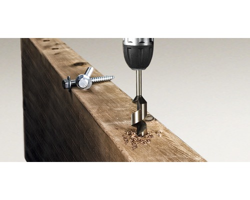 O mașină de găurit face o gaură într-o scândură de lemn, lângă ea sunt șuruburi.