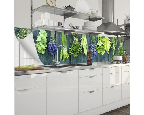 Protecție perete bucătărie cu motiv de plante aromatice într-o bucătărie modernă