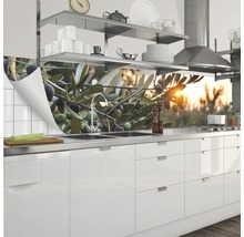 Protecție de perete pentru bucătărie cu motiv de ramură de măslin într-o bucătărie modernă