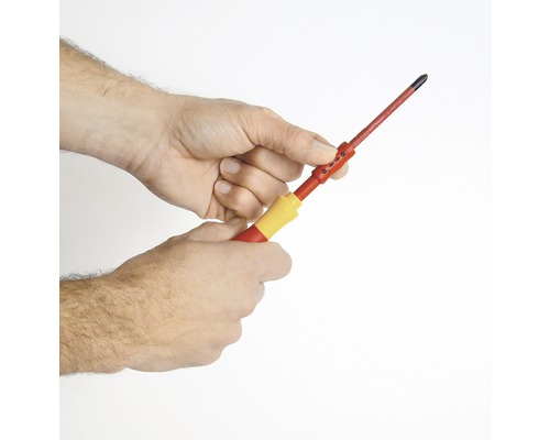 O persoană ține o șurubelniță în mână.