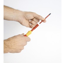 Mână ținând o șurubelniță cu bit interschimbabil