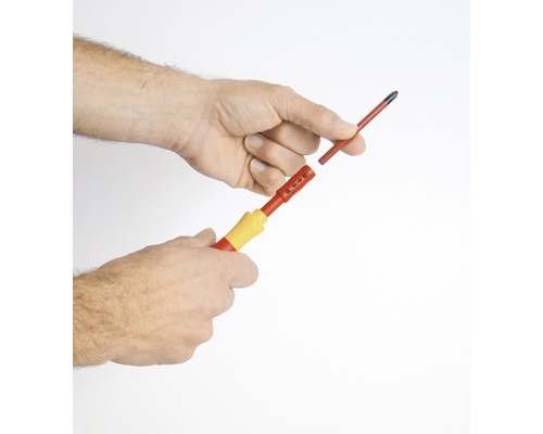 Mână ținând o șurubelniță cu bit interschimbabil