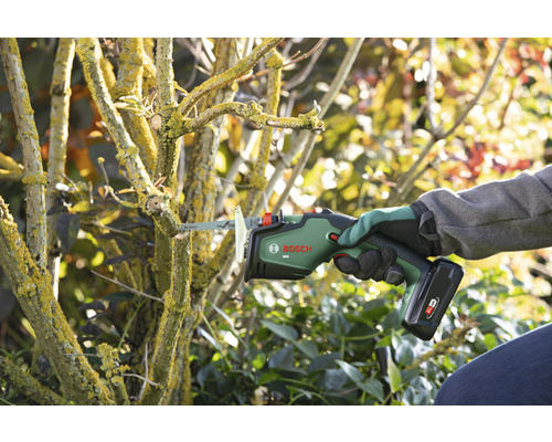 Scenă de grădină cu o persoană care taie o ramură cu un ferăstrău de grădină fără fir Bosch