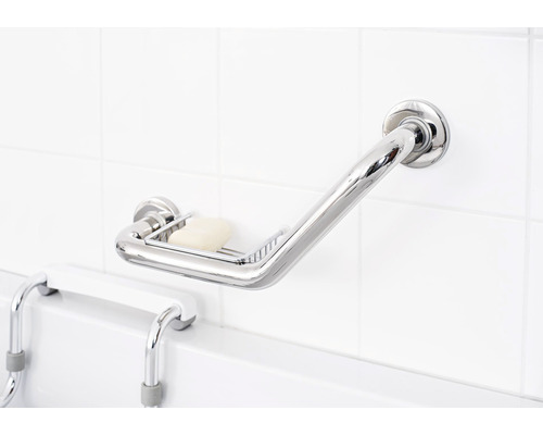 Bară de sprijin unghiulară cu suport pentru săpun în baie