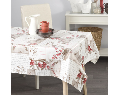 Masa de sufragerie cu față de masă cerată cu motiv de cireșe, veselă și decorațiuni