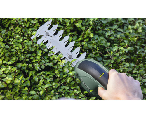 Foarfece de gard viu fără fir utilizat pe un gard viu. Logo-ul Bosch.