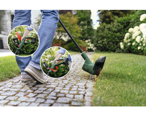 Mașină de tuns iarba cu acumulator în uz, vederi detaliate ale mânerului și comenzilor