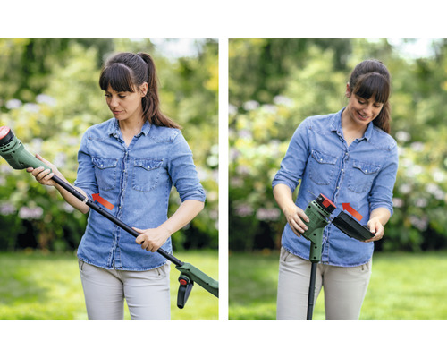 O femeie asamblează o mașină de tuns iarba în grădină.