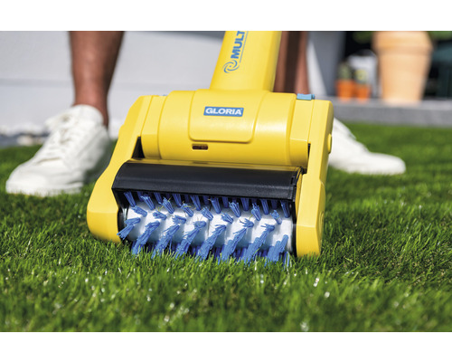 Logo Gloria. Perie electrică pentru rosturi Gloria pe gazon.