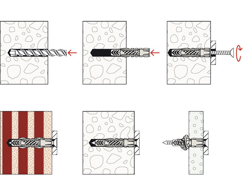 Ilustrație cu instalarea diblului într-un perete