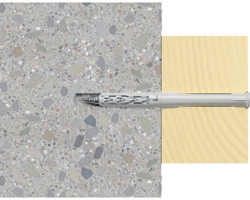 Element de fixare între un perete de beton și o scândură de lemn