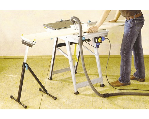 Fierăstrău circular de masă cu dispozitiv de aspirare și suport pentru piese de lucru în uz