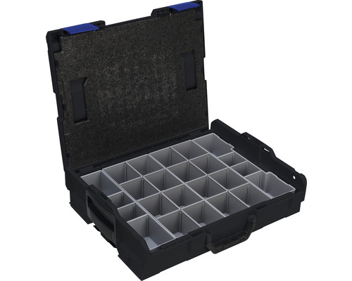 Cutie de sortare neagră deschisă cu compartimente pentru depozitarea pieselor mici