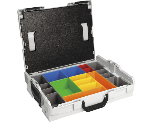 Cutie de scule deschisă cu inserții colorate pentru depozitarea sculelor și accesoriilor.