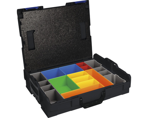 Cutie de scule deschisă cu compartimente de diferite dimensiuni