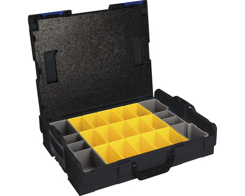 Cutie de scule deschisă cu compartimente de depozitare