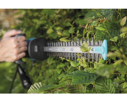 O persoană taie un gard viu cu o foarfecă de tuns gard viu.