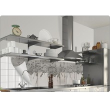 Scenă de bucătărie cu rafturi, chiuvetă, hotă și decor de perete