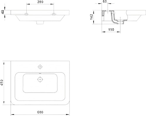 Desen tehnic al unei chiuvete cu dimensiuni.