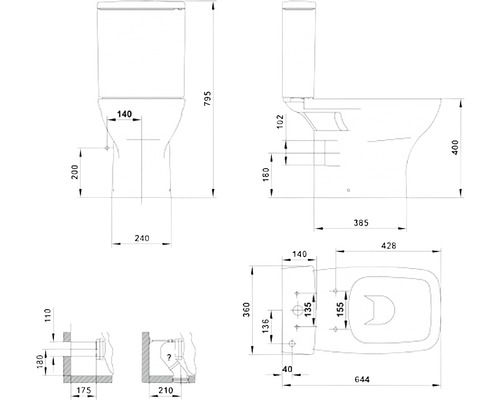 Desen tehnic al unui WC stativ cu dimensiuni