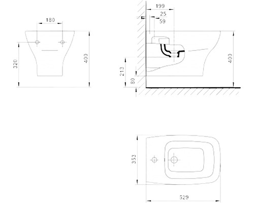 Desen tehnic al unui bideu suspendat cu dimensiuni